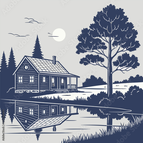 Minimalist Cabin Reflection in Still Pond