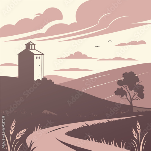 Minimalist Prairie with Grain Elevator