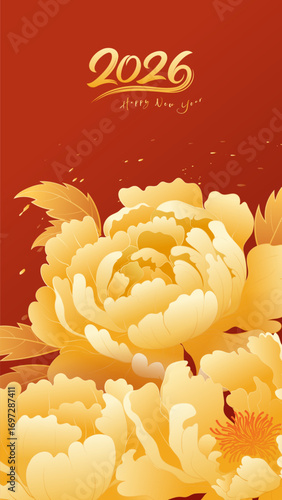 Vertical New Year celebration illustration of golden and prosperous peonies