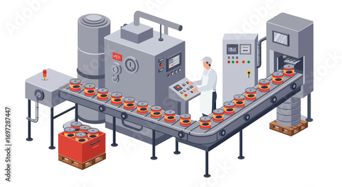Isometric Illustration of Cans Moving on a Factory Conveyor Belt