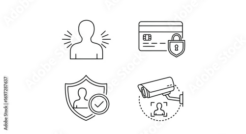Vector illustration of set of four line icons representing security and identification