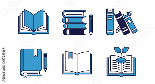 Vector illustration of collection of stylized book icons and a pencil, representing reading, education, and growth