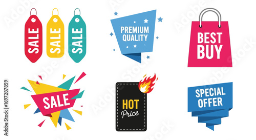 Vector illustration of collection of colorful sale tags, banners, and stickers promoting discounts and special offers