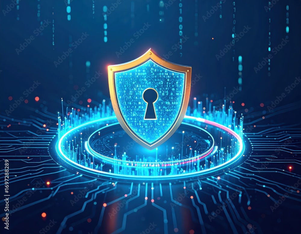 Fototapeta premium Cybersecurity shield with digital keyhole, glowing within a technological circuit board.