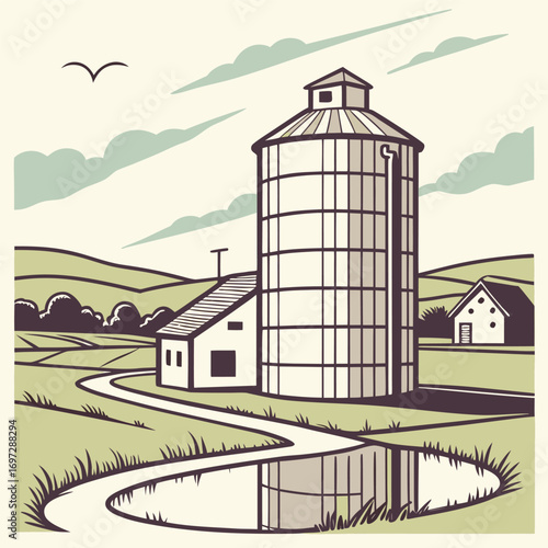 Simple Grain Elevator Reflected in Puddle