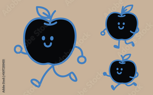 Three cartoon apples with faces and arms running and jumping