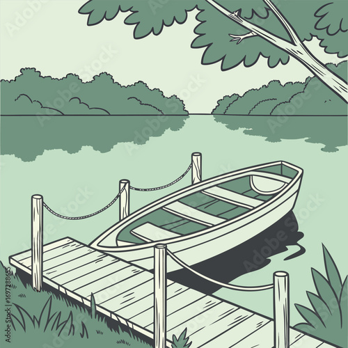 Simple Rowboat Tied to a Wooden Dock