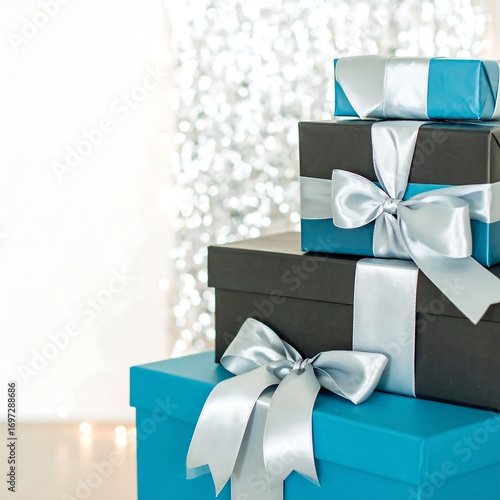 Stacked teal and black gift boxes with silver ribbons, bokeh background