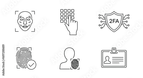 Vector illustration of set of icons representing security and authentication methods like facial recognition, fingerprint scanning, and id cards