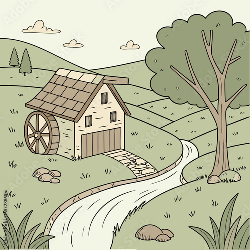 Simple Watermill Beside Flowing Stream