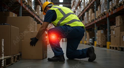 Warehouse Worker with Knee Pain from Lifting Box. Workplace Injury, Manual Handling Risk.