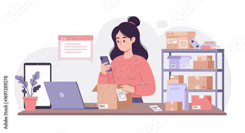 Person Processing an Online Order with Laptop, Tablet, and Smartphone
