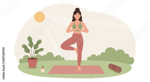 Potted Plant and Yoga Mat in Serene Outdoor Sunny Setting