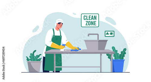 Professional Cleaner in Uniform Sanitizing a Table with Spray Bottle