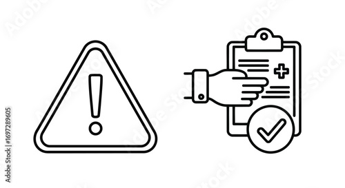 Vector illustration of two line art icons a warning triangle with an exclamation mark and a hand holding a checklist with a checkmark