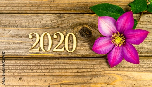 Wooden 2020 numbers with vibrant flower on rustic wooden background