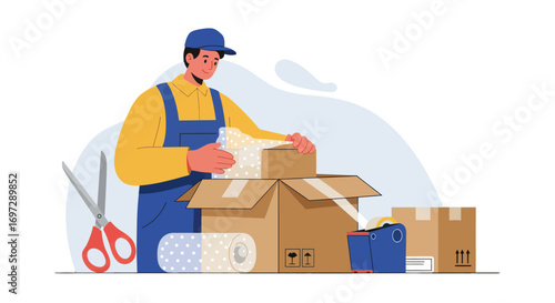 Professional Mover Carefully Packing Goods for Shipping Service