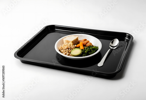 Healthy packed lunch on tray for child, School lunch Black tray with burger and fruits, Vegetarian menu, Serving tray of healthy food isolated on white background, Tray with tasty food.