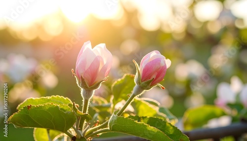 Blossoming apple tree in sunset light