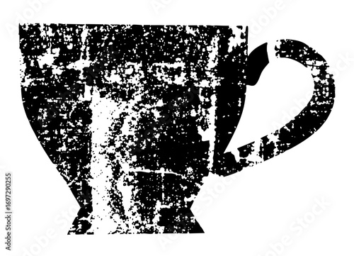 Vector Distressed black silhouette of a classic teacup with handle.
