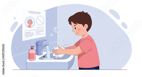 Proper Hand Washing with Soap and Water, Featuring Hygiene Guidelines in a Restroom