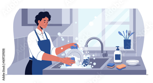 Smiling Individual Diligently Washing Dishes in a Modern Kitchen Setting