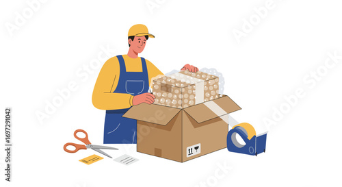 Smiling Man in Overalls Unpacking a Delivery Package with Scissors and Documents