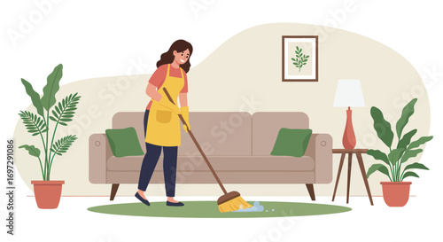 Smiling Woman in Yellow Apron and Gloves Sweeping Floor at Home