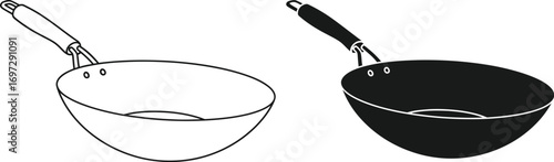Wok pan illustration cooking utensil kitchenware icon editable vector