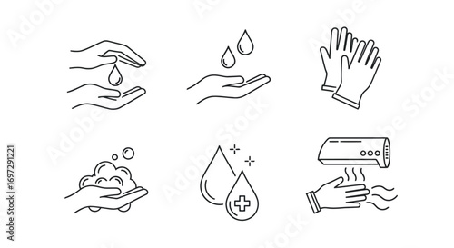 Vector illustration of collection of six line art icons illustrating hand hygiene practices washing hands with water, soap, using sanitizer, drying hands with towel and air dryer, and wearing gloves