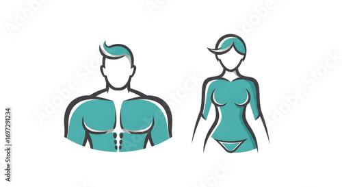 Abstract representations of male and female torsos with stylized hair and clothing elements.