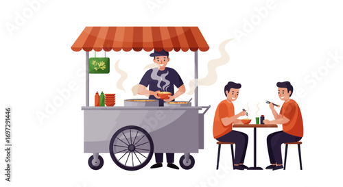 Street Food Vendor Cart with Awning and Steaming Pot, Illustration