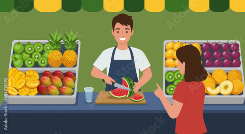 Tropical Fruit Stand with Fresh Kiwis, Pineapples, and Mangoes