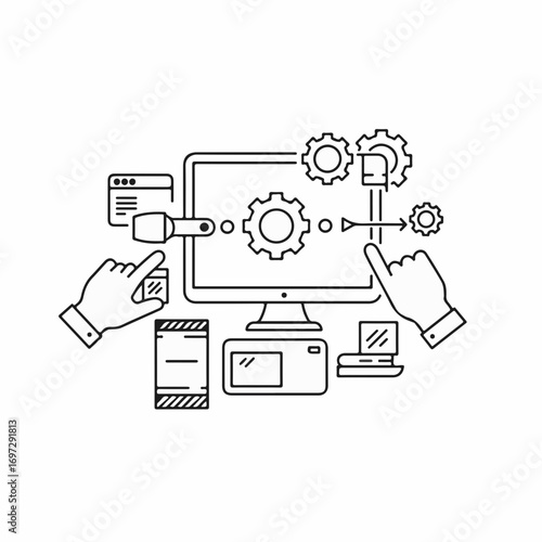 Hands interacting with digital interface and gears symbolizing workflow optimization and technological processes for modern business operations