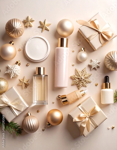 Festive beauty products arranged on a beige background with gold ornaments and gift boxes