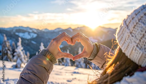 Hands forming heart shape over snowy mountain vista