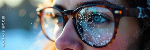 Close-up of steaming eyeglasses, condensation forming on the lenses after being worn in cold weather  Perfect for illustrating the effects of temperature change on eyewear ,  reflection,  optics