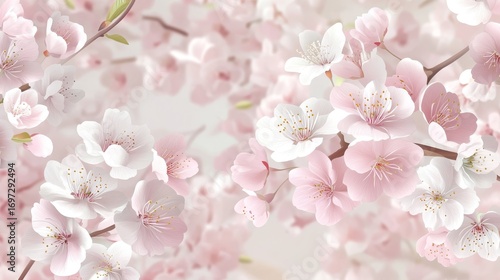 52.A standalone vector set of cherry blossoms in a spring-inspired design, showcasing clusters of flowers with layered petals in a mix of blush pink and pure white. The illustration features delicate