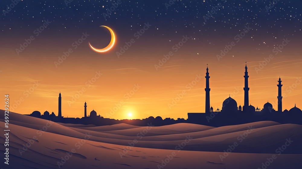 Obraz premium 23.A tranquil desert scene at twilight, where a golden sun sets behind soft dunes, leaving a crescent moon and bright star to illuminate the sky. Majestic silhouettes of Masjid Aqsa and the Kaaba are