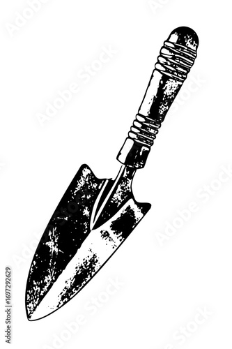 Vector Vintage gardening trowel with a textured handle.
