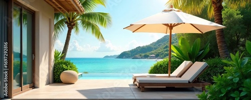 Serene umbrella sheltering a comfortable outdoor seating area, perfect for relaxation and escaping the sun's rays  Ideal for summer vibes, tranquility, and peaceful escapes , warm, oasis