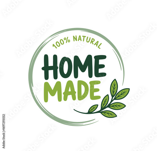 Green handdrawn circle displays one hundred percent natural homemade text with a plant on white