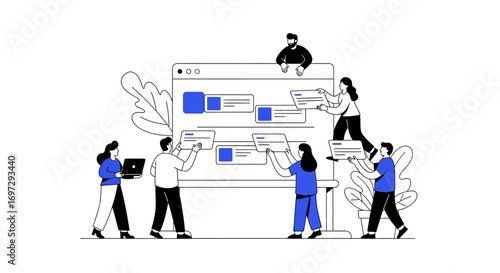 Business team working together on a digital interface, organizing tasks and managing workflow in a modern flat design illustration