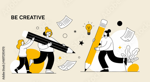 Creative team collaborating on a new project, people with giant pencils brainstorming ideas. Modern flat vector illustration of teamwork and innovation