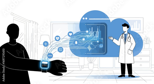 Futuristic telemedicine concept illustrating a doctor analyzing patient data from a wearable smartwatch via cloud technology