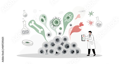 Biotechnology concept with a scientist observing cellular differentiation into various biological forms like organs, bones, and viruses in a laboratory setting