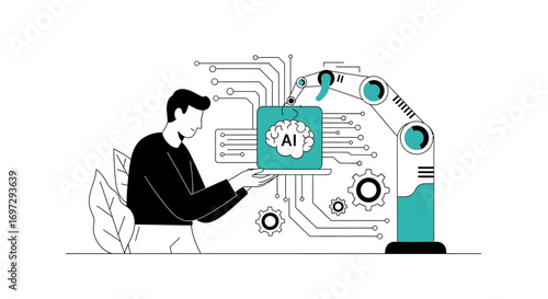 Engineer collaborating with a robotic arm on the development of an advanced artificial intelligence processor