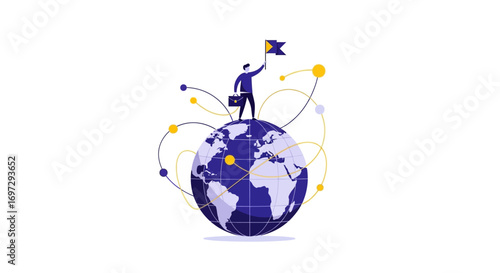 Successful businessman holding a flag on a connected globe, representing global leadership, international business, and market expansion