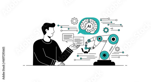 Vector illustration of a man interacting with a smart robotic arm powered by artificial intelligence, showcasing future technology and automation