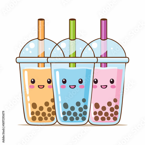 Cute kawaii-style vector of bubble tea (boba) drinks with smiling faces, tapioca pearls, and pastel colors